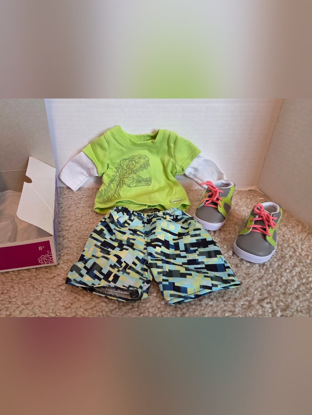 American Girl Doll Dino-Mite Outfit Lime T-Rex Shirt Shorts Shoes Box 18 Inch